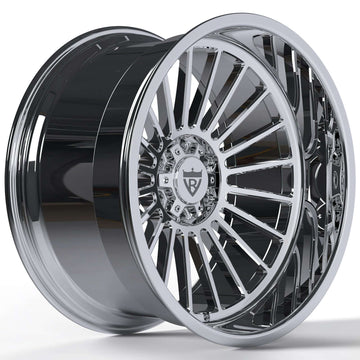 Custom 18x10 chrome deep dish forged wheel showcasing a polished finish and intricate design, perfect for trucks and SUVs.